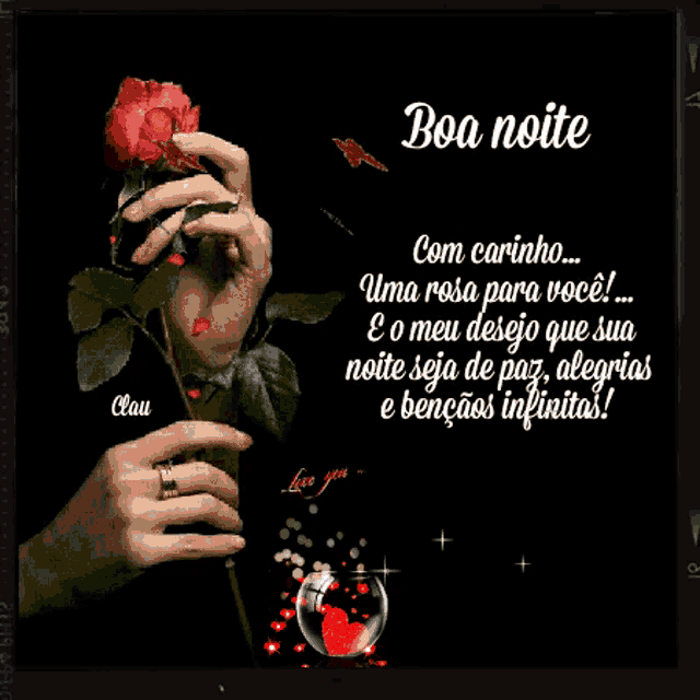 a woman holding a red rose with the words boa noite written on the bottom