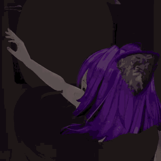 a 3d anime girl with purple hair is giving a peace sign