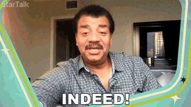 a man with a mustache says indeed in front of a star talk logo