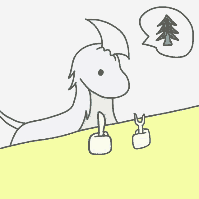 a drawing of a dinosaur with a speech bubble that says ' tree '