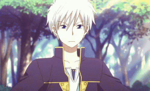 a boy with white hair and a purple jacket stands in front of trees
