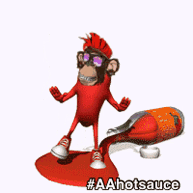 a cartoon monkey is standing next to a bottle of hot sauce that is pouring out of it