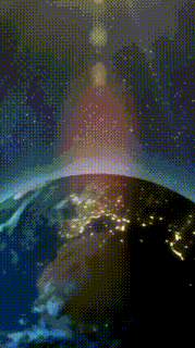 a pixelated image of the earth at night with the sun shining through the clouds