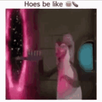 a picture of a cartoon character with the words hoes be like on it .