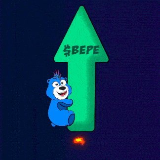 a blue teddy bear is standing next to a green arrow with the word bepe on it