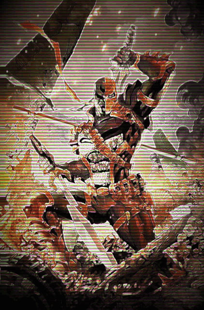 a painting of a samurai holding a sword and a shield
