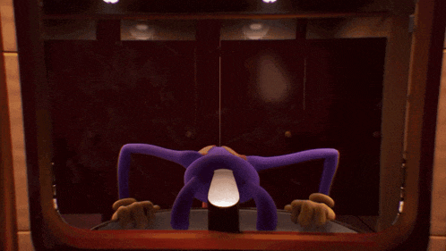 a purple cartoon character is standing in a dark room