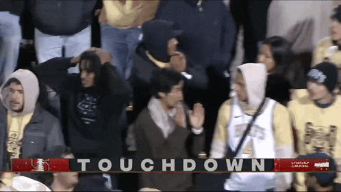 a crowd of people watching a football game with the words touchdown in the upper right corner