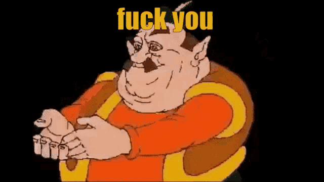 a cartoon character with a mustache is giving a thumbs up and says fuck you .