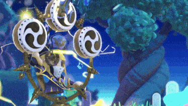 a video game character with three drums on top of him