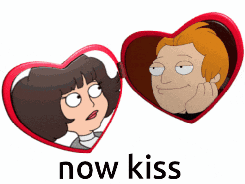 a picture of a man and a woman in a heart shaped mirror with the words now kiss below them