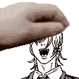 a hand is holding a cartoon character 's head in a black and white drawing .