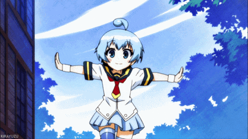 a girl with blue hair is standing with her arms outstretched in front of a building with the word kirayuzu on the bottom