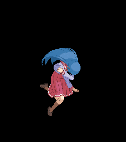 a pixel art of a girl with blue hair and a red skirt