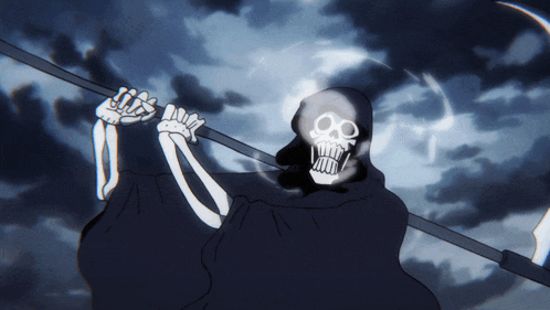 a grim reaper holding a scythe with a skull on it