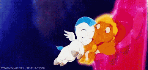 a couple of cartoon animals are hugging each other in a pink and blue background .
