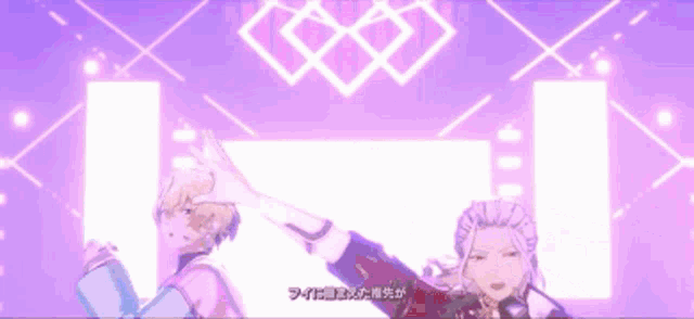 two anime characters are standing next to each other in front of a purple background ..