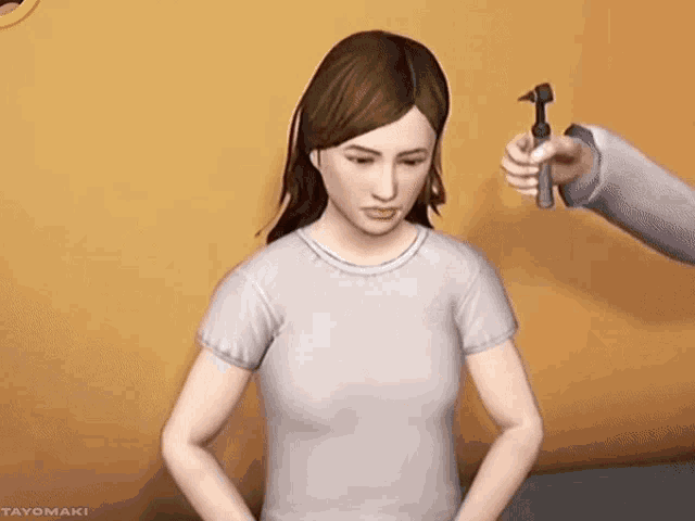 a woman in a white shirt is being examined by a doctor who is holding a hammer