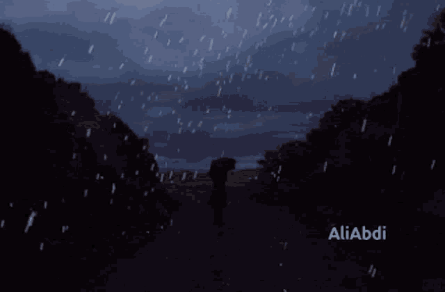 a person holding an umbrella in the rain with the name aliabdi