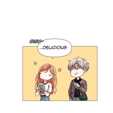 a man and a woman standing next to each other with a speech bubble saying delicious