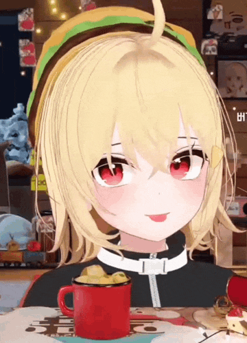 a girl with a hamburger on her head sits at a table