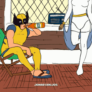 a cartoon of wolverine sitting in a chair drinking a bottle of aquafina