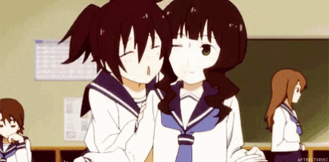 two anime girls in school uniforms are standing next to each other in a classroom .