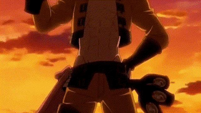 a cartoon character is standing in front of a sunset holding a sword .
