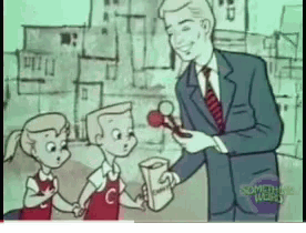 a man in a suit and tie is holding a magnifying glass while two children hold hands