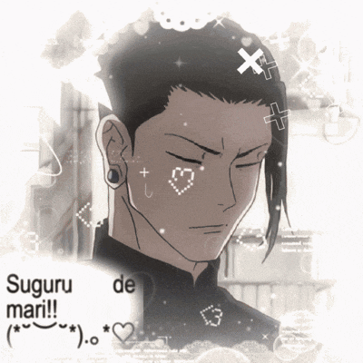 a drawing of a man with a heart on his face and the words " suguru mari !! "