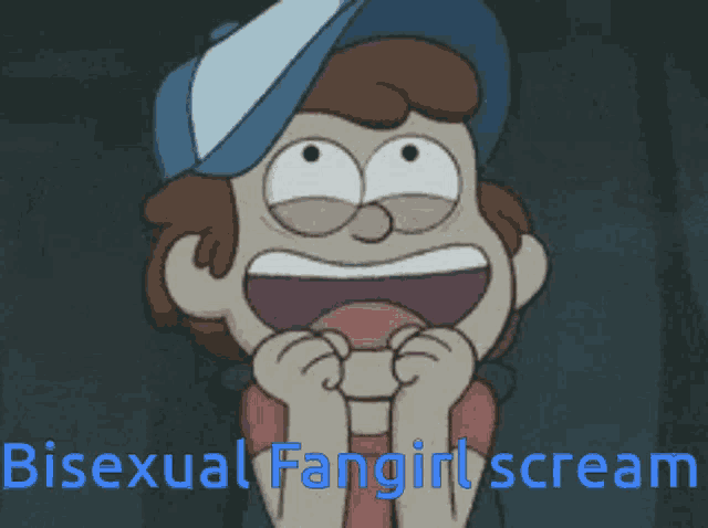 a cartoon character is screaming with the words bisexual fangirl scream written below him