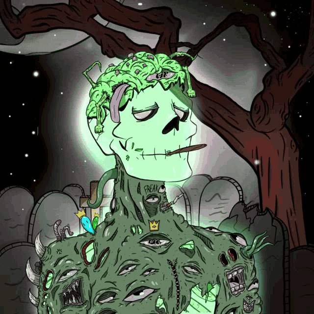 a cartoon drawing of a skeleton with a crown on his head and the word dead on his neck