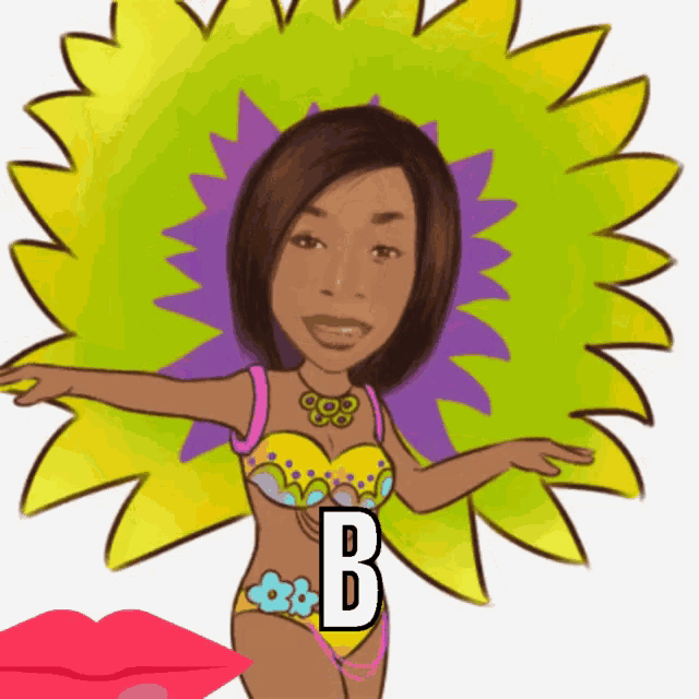 a cartoon drawing of a woman in a bikini with the letter b on her chest