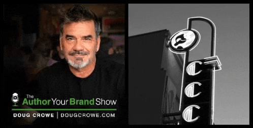 a man with a beard is standing in front of a building with a sign that says `` the author your brand show '' .