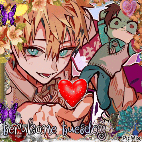a picture of a boy with a heart and the words terukome tuesday on the bottom