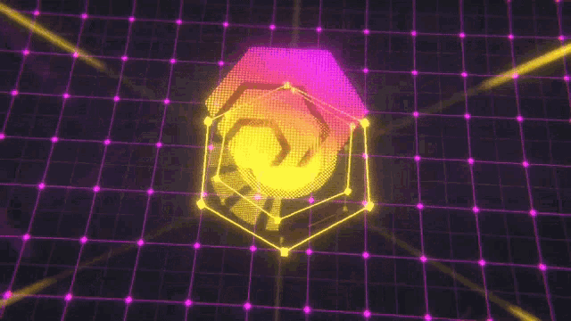 a purple and yellow circle with dots on it is surrounded by lines on a black background .