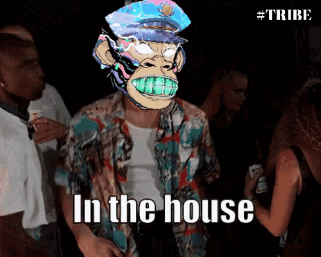a picture of a man with a monkey on his head and the words in the house below him