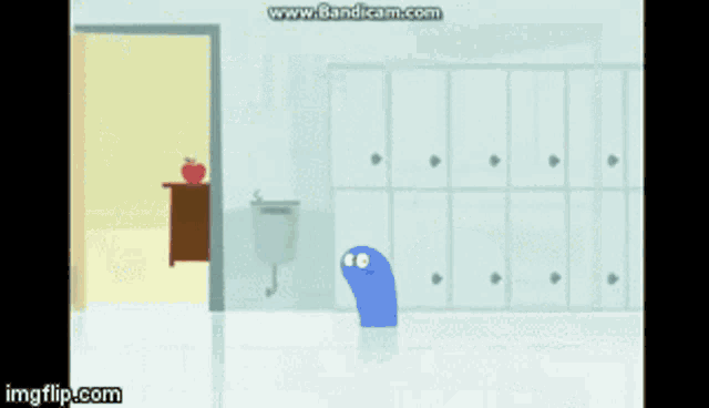 a cartoon character is standing in a hallway with an open door and a sink ..