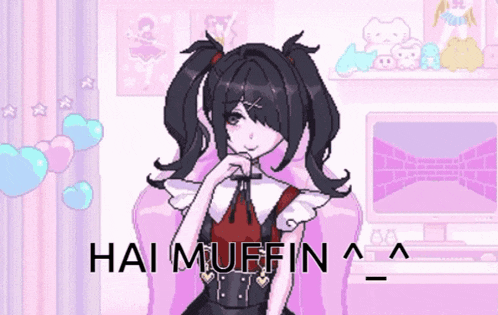a pixel art drawing of a girl with the words hai muffin below her