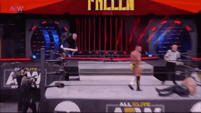 a wrestling match is taking place in a ring with a sign that says fallen on it .