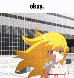 a girl with long blonde hair is standing in front of a building with the words okay on the bottom