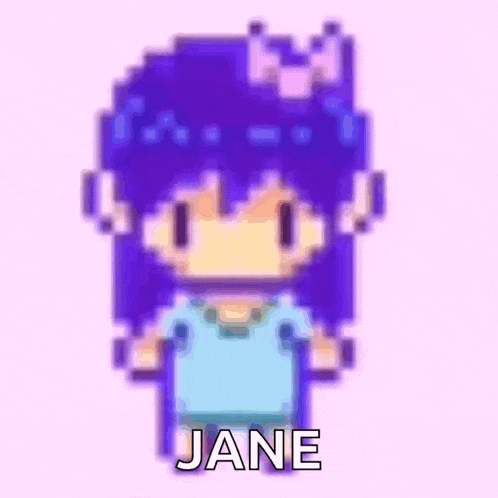 a pixel art drawing of a girl with purple hair and the name jane written on it .