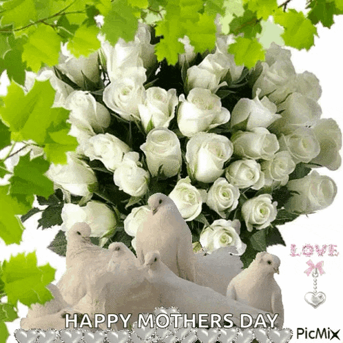a picture of a bouquet of white roses with the words happy mothers day on it