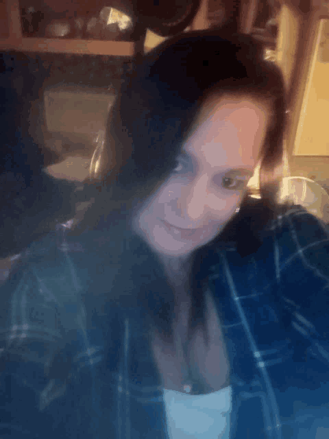 a woman in a plaid shirt is smiling and looking at the camera