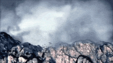 a painting of a rocky landscape with a cloudy sky