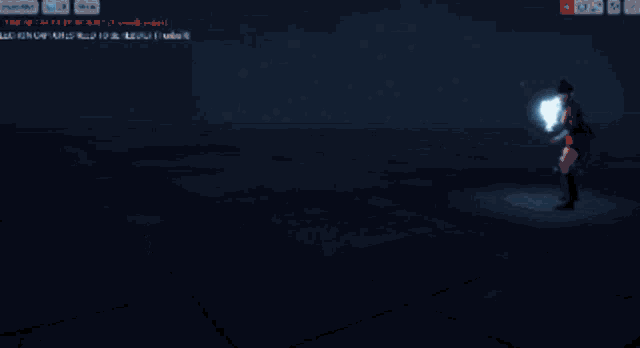 a screenshot of a video game shows a person holding a sword in a dark room