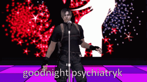 a man singing into a microphone with the words " goodnight psychiatryk " written below him