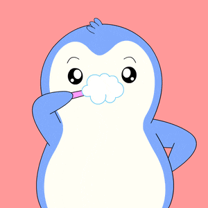 a penguin is brushing its teeth with a pink brush