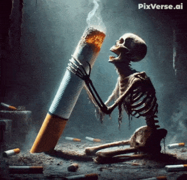 a skeleton is kneeling down next to a burning cigarette with pixverse.ai written on the bottom