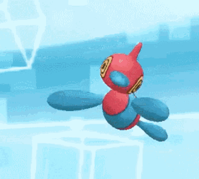 a red and blue pokemon is flying through the air .